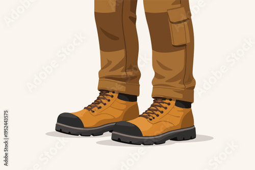 Worker wearing heavy-duty work boots and cargo pants, symbolizing manual labor, construction, and safety