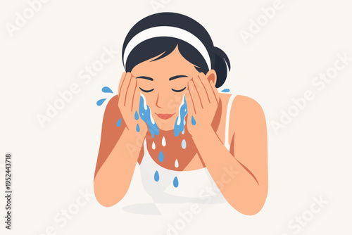Woman washing face with water for daily skincare routine, refreshing beauty hygiene and facial cleansing process
