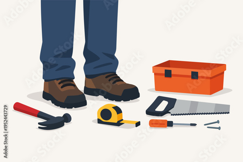 Worker legs wearing work boots, with a hammer, measuring tape, saw, screwdriver, nails, and an open toolbox