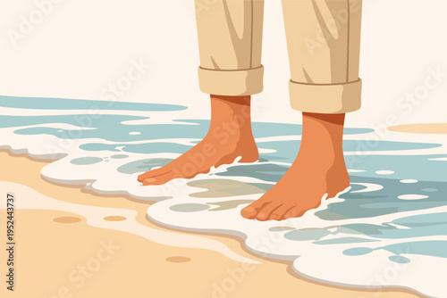 Person enjoying warm ocean waves on a sandy beach, having a relaxing barefoot summer vacation