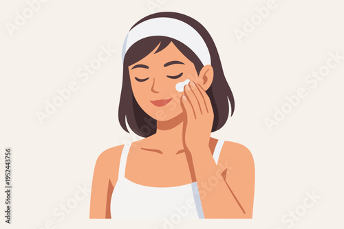 Woman applying face cream enjoying a daily beauty routine for healthy skin care and self-care at home