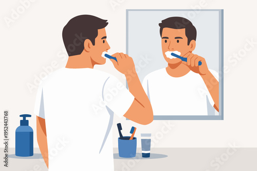 Man brushing teeth in bathroom mirror, practicing morning dental hygiene for health and personal care concept