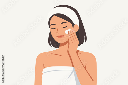 Woman applying face cream enjoying daily beauty routine, skincare and self-care for healthy skin