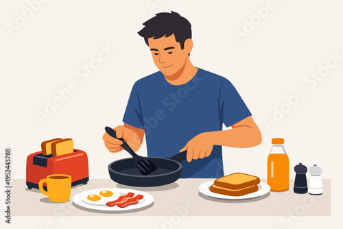 Man preparing a healthy and delicious breakfast meal at home, enjoying the morning routine of cooking