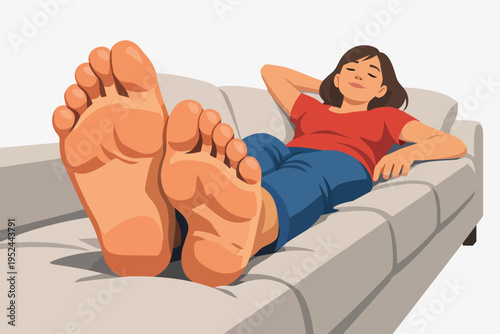Woman relaxing barefoot on sofa with feet up, enjoying domestic comfort, leisure, and a quiet moment at home