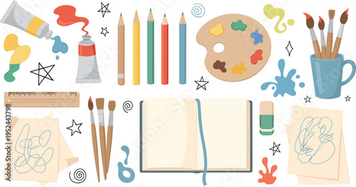 Creative Art Supplies Vector Set Featuring Paint Tubes, Brushes, Colored Pencils, Palette, Sketchbook, and Drawing Elements for Artistic Design Projects.