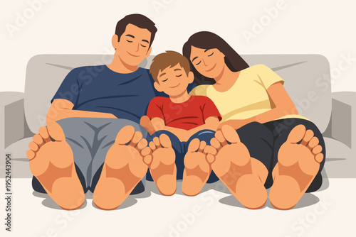 Family relaxing together on a sofa at home, parents and child enjoying comfort and peaceful time barefoot