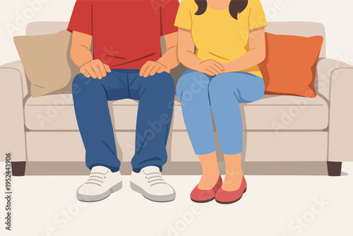 Couple sitting on sofa during therapy session, facing relationship problems, difficulties, and family issues