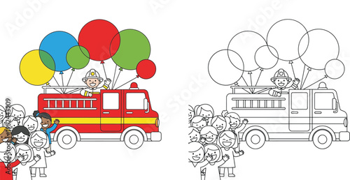 Firefighter in Fire Truck with Balloons and Cheering Children Illustration - Colored and Line Art Versions for Kids Education and Coloring Page