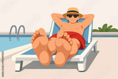 Man relaxing by swimming pool in deck chair, enjoying summer vacation, wearing hat and sunglasses