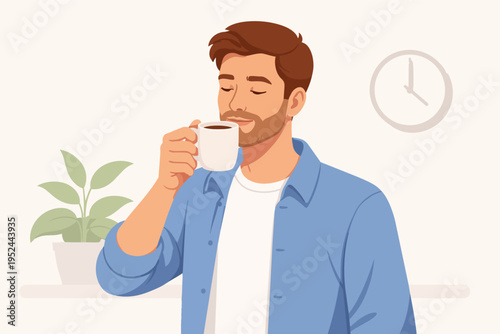 Man holding a cup, eyes closed, savoring a hot beverage. Concept of enjoying a fresh start and daily routine