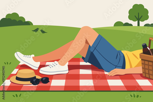 Person napping outdoors on a red checkered picnic blanket. Hat and sunglasses resting next to feet. Refreshments in a basket
