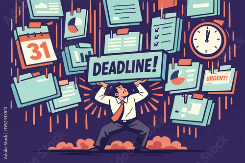 Businessman carrying a heavy deadline, feeling the pressure and stress of urgent tasks and workload