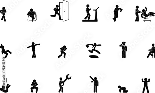 WebVector set of stick figure pictograms depicting various human actions like running, falling, working, and sitting, perfect for instructional icons,