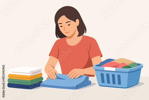 Woman folding freshly washed clothes, organizing garments into neat stacks, completing routine housework in a clean environment