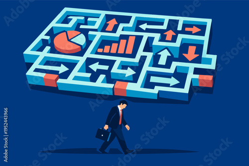 Businessman navigating challenging business maze with financial data and arrows showing direction