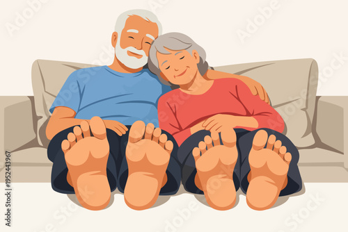 Senior couple embracing and relaxing on a sofa, feet up, enjoying domestic life and retirement together