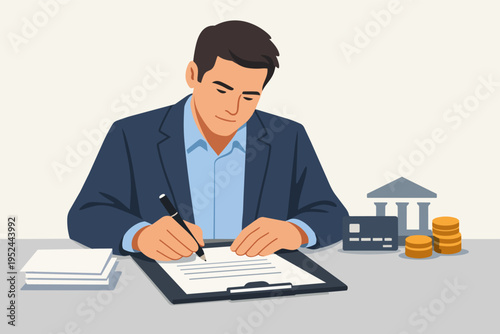 Businessman signing legal agreement for banking and finance services, confirming loan or credit card application
