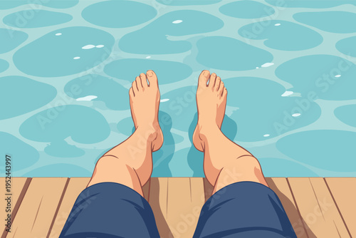 Relaxing by the pool, feet dangling in cool blue water from a wooden deck, enjoying summer leisure