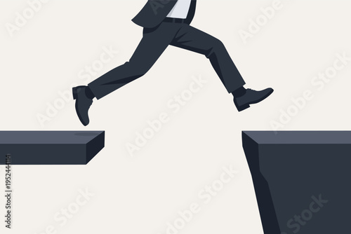 Businessman jumping over a gap, overcoming challenge and taking a leap of faith toward success and reaching goals