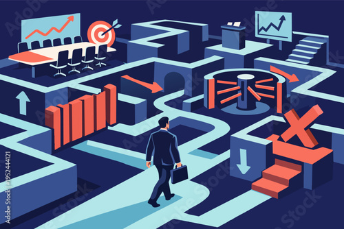 Businessman navigating business challenges in a corporate maze, finding career path, achieving success goals