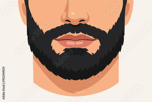 Man with black full beard and mustache on his face, representing male grooming, beauty, and masculinity
