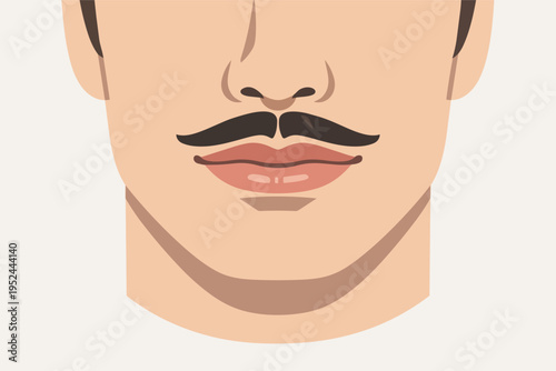 Man's face with a classic mustache style exhibiting masculinity and grooming care, flat vector illustration