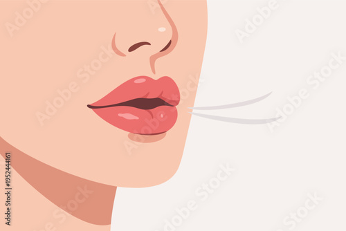 Woman's mouth blowing air, exhaling fresh breath, focusing on healthy respiration and oral hygiene concept
