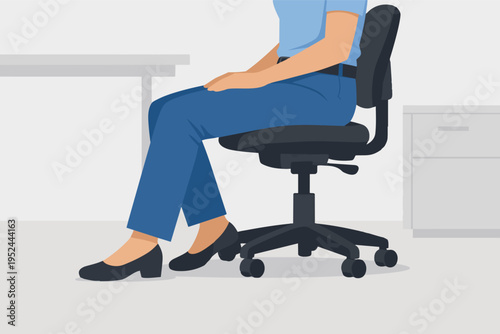 Woman sitting in ergonomic office chair with correct posture, practicing good habits for health and productivity