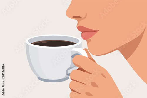Woman enjoying coffee aroma and flavor from white cup, starting morning with caffeinated beverage