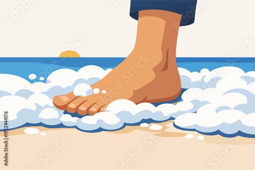 Bare foot standing on sandy beach with ocean waves washing over it, enjoying sunset relaxation and summer vacation travel