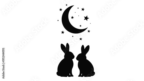 Silhouettes of two rabbits gazing at a crescent moon and stars