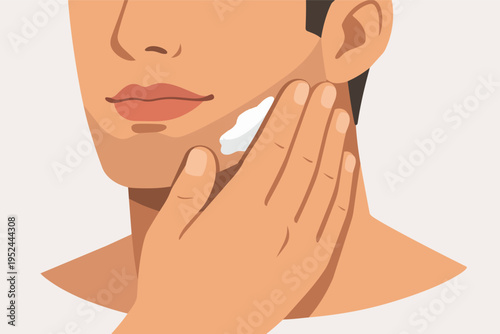 Man using a cream or lotion on his cheek for skin hydration and facial health. Daily self-care routine