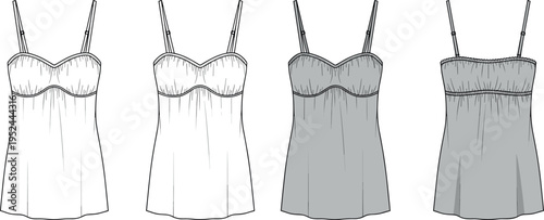 Womens empire waist camisole technical fashion illustration set with adjustable spaghetti straps gathered bust detail and back smocking flat vector sketch