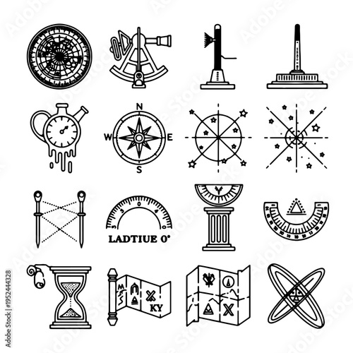 Navigation tools, a visually rich collection of detailed navigational instruments and symbols in a modern illustration, set against a pristine, uncluttered backdrop.