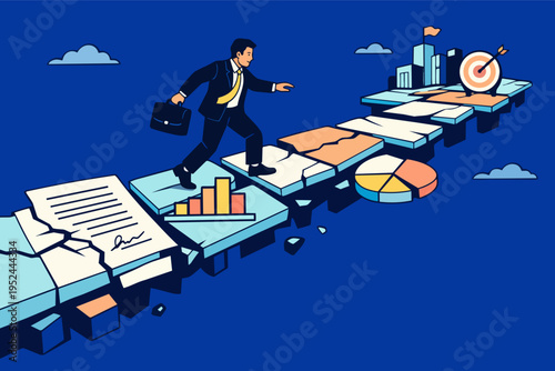 Businessman navigating a challenging career path, overcoming obstacles to reach business goals and professional success