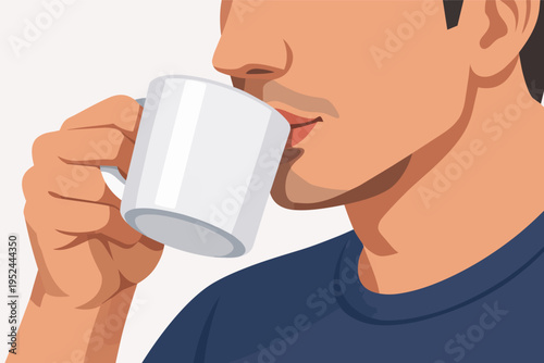 Person taking a sip from a plain white mug. Concept of morning routine, refreshment, hot drink consumption, coffee break