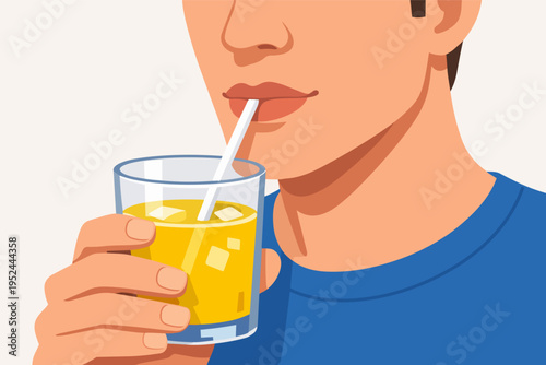 Man enjoying refreshing citrus juice with ice and straw, hydrating on a hot day, feeling revitalized and cool