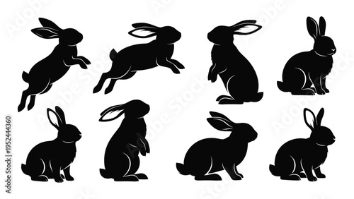 A collection of black silhouettes depicting various poses of rabbits and hares
