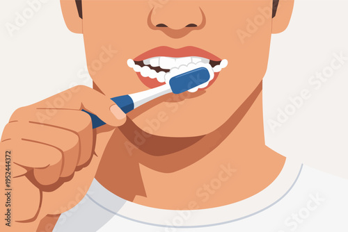 Person brushing teeth, foam on mouth, practicing daily oral hygiene and dental care routine