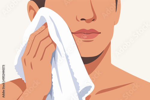 Man drying face with a white towel, practicing daily facial care and morning routine for healthy skin