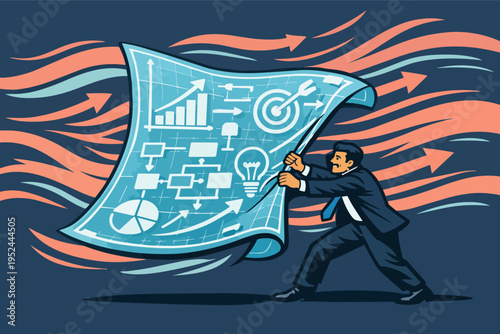 Business leader revealing strategic blueprint for growth and success, developing a plan with data analysis and new ideas