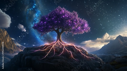 Enchanting cosmic tree lighting up the night sky fantasy landscape digital art surreal environment wide view