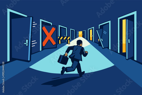 Businessman running towards a bright door in a dark corridor, navigating multiple choices and career obstacles