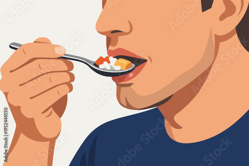 Person taking medication, supplements or healthy food with a spoon, oral drug administration