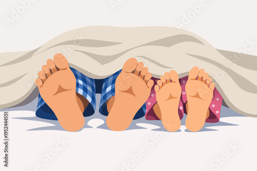 Couple sleeping in pajamas under blanket, feet showing from bed. Relationship, comfort, and morning rest