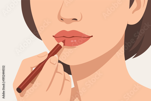 Woman applying lip liner pencil, outlining her lips, beauty and makeup routine, cosmetic application