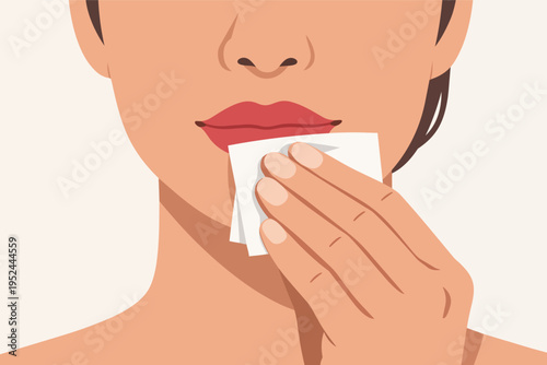 Woman's hand holding a white wipe, cleaning red lipstick from her mouth, focusing on facial hygiene and beauty