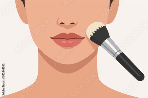 Woman applying face powder or blush with makeup brush, highlighting beauty routine and cosmetics