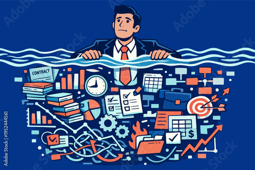 Businessman drowning in overwhelming workload, stressed by multiple tasks, deadlines, and pressure leading to burnout